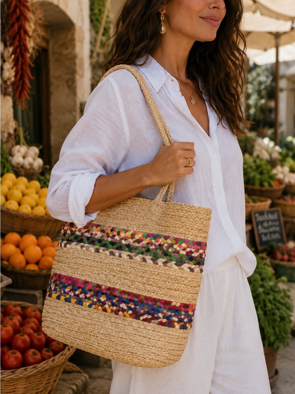 MADRID Woven Straw Tote Bag with Multicolor Braided Accents NEW